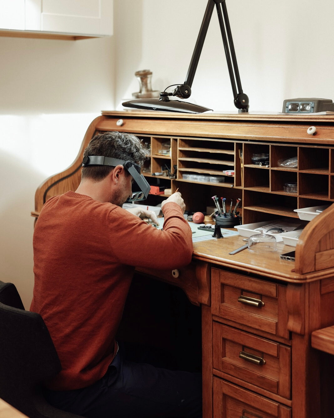 Watch servicing at a watchmakers bench in Boulder, Colorado.