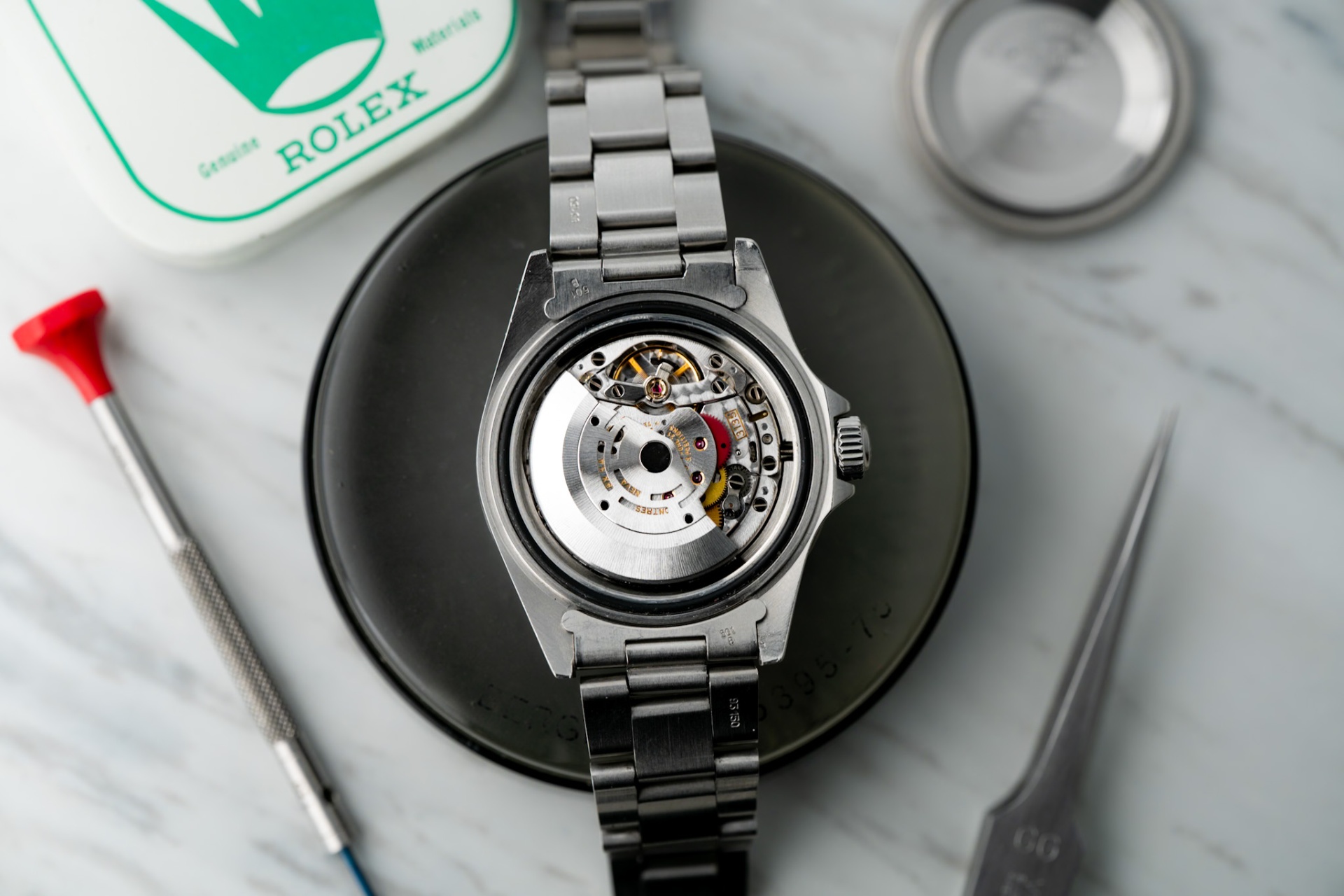 Vintage Rolex caliber 3135 movement on the bench at Victor Bonnaire